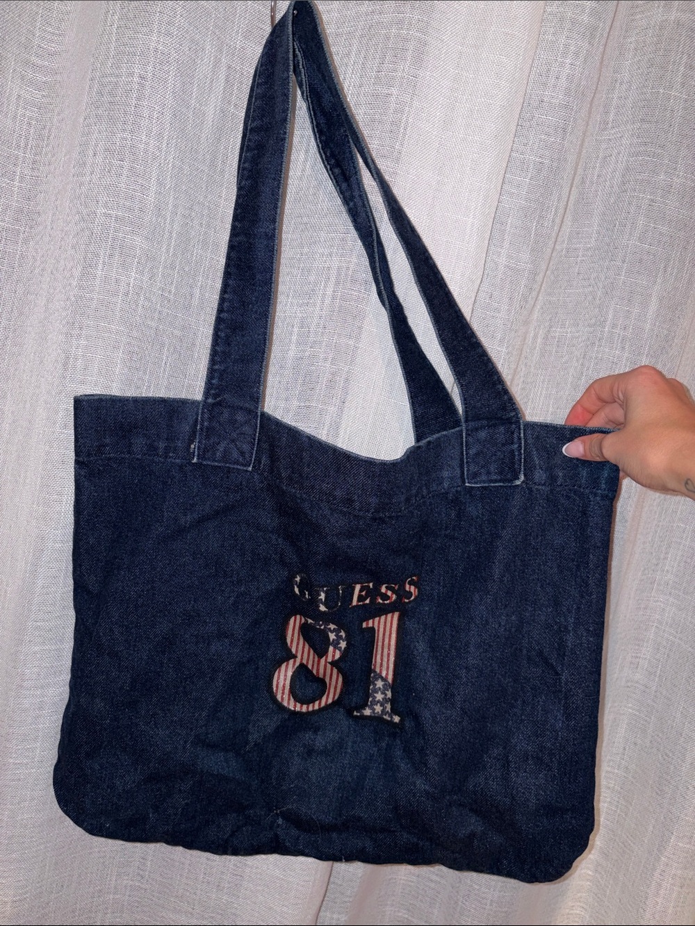 GUESS Dark Blue Denim Tote with '81' Flag Accent